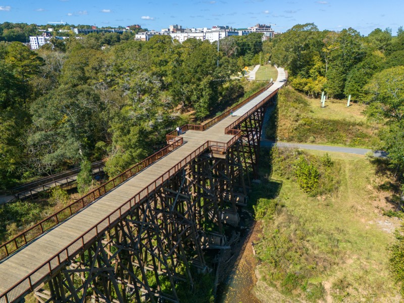 The old railroad trestle on the Firefly Trail, with Athens in the distance